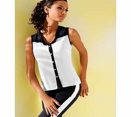 Slightly transparent, sleeveless, black and white chiffon blouse with front button fastening, in a longer length at the back. Class International fx Blouse Features: Washable 100% Polyester Length approx. 66 cm (26 ins)