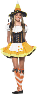 The Halloween Teen Kandy Korn Witch Costume includes a dress with candy corn applique, hat and stock