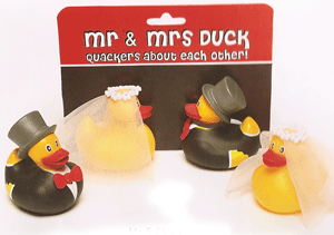 Mr and Mrs Duck are just quackers about each other. Dressed for their big day in top hat and veil, t