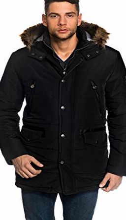 VB Mens Winter Coat with stand-up Collar, Hood, detachable fake fur, waist drawstring,black,X-Large