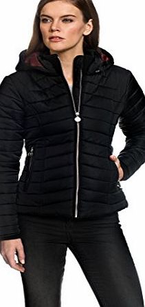 VB Womans Jacket fitted, quilted with stand-up Collar, removable Hood and pockets,black,Medium