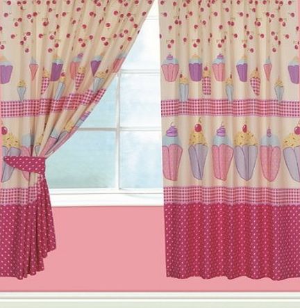 Viceroybedding Childrens Kids Pair of 66`` Width x 72`` Drop CUPCAKE DESIGN GIRLS CURTAINS With Matching Tie Backs By Viceroybedding