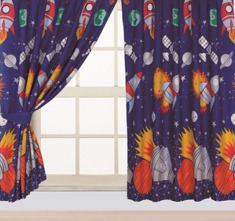 Viceroybedding Childrens Kids Pair of 66`` Width x 72`` Drop ROCKET DESIGN BOYS CURTAINS With Matching Tie Backs By Viceroybedding