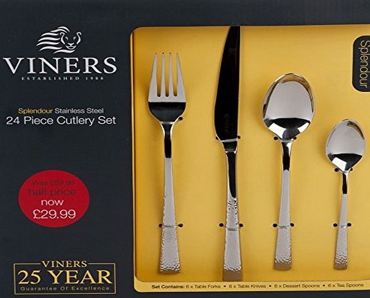Viners 24 Piece Stainless Steel Cutlery Set. Viners Splendour Hammered effect Cutlery set. Dishwasher safe. 25 Year Guarantee