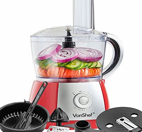 VonShef 2.5L Powerful Food Processor Blender Chopper Multi Mixer, 2 Year Free Warranty, 700W, Red - 10 Speed and Pulse Action   FREE Juicer Attachment