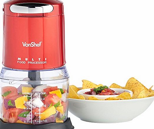 VonShef Mini Red Food Processor Blender Multi Chopper with Detachable Bowl, Free 2 Year Warranty - Suitable for Nuts amp; Seeds