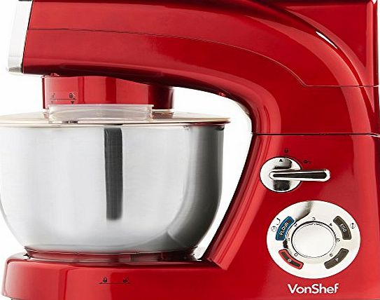 VonShef Stand Mixer 5.5 Litre in Red, Powerful, Free 2 Year Warranty - Silicone Beater, Balloon Whisk, Dough Hook, Dust Cover amp; Splash Guard