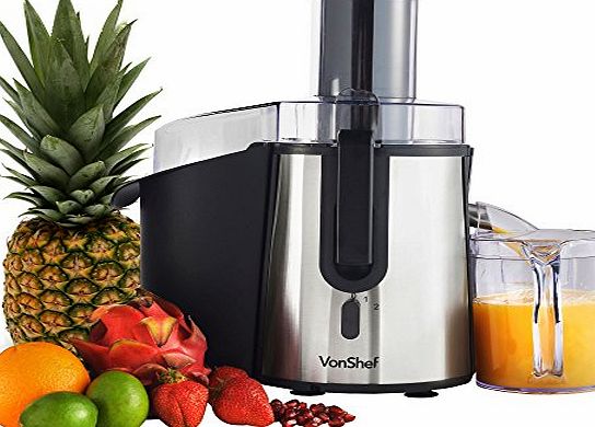 VonShef Whole Fruit Juicer Professional Centrifugal Juice Extractor Powerful and Low Noise at 990W - Free 2 Year Warranty - with a Juice Jug amp; Cleaning Brush