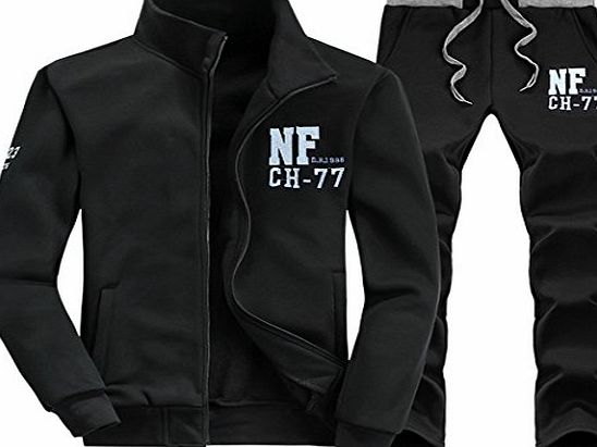 WALK-LEADER Mens Fashion Printed Zip Up Jacket amp; Pants Casual Tracksuits Black XL
