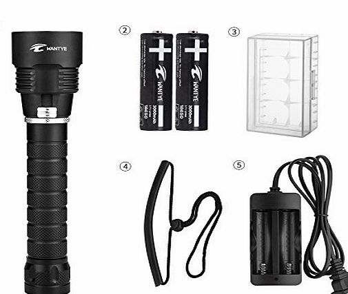 WANTYE Diving Flashlight Scuba Waterproof Lamp 3000LM CREE XM-L L2 LED Underwater 60M Magnetic Control Switch With AC Charger Rechargeable/18650 Battery/Lanyard/Plastic Gift Box Package (Black)