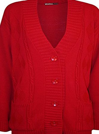 WearAll Plus Size Womens Button Long Sleeve Pocket Top Ladies Knitted Cardigan - Red - 16-18