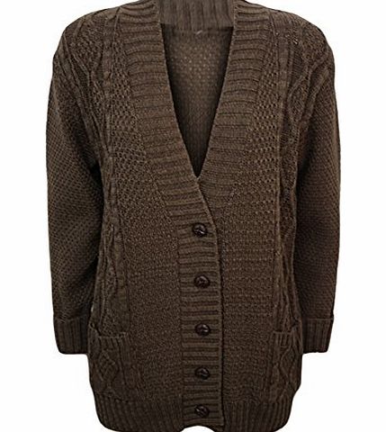 WearAll Womens Cable Knitted Button Cardigan Long Sleeve Ladies Boyfriend Top - Mocha - 12/14