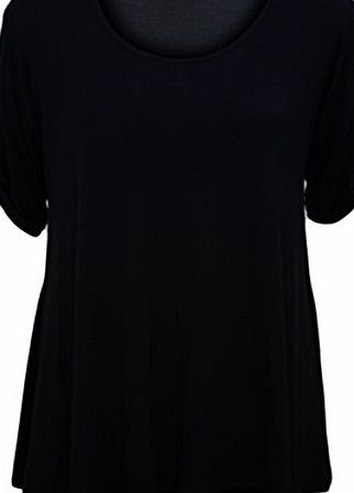 WearAll Womens Plus Size Scoop Neck Short Sleeve Flared Ladies Long Plain Top - Black - 20