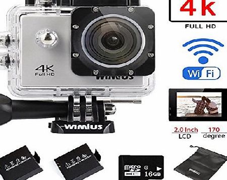 WiMiUS 4K Action Camera 16MP 2.0 1080p 60fps WiFi Waterproof Sports Video Camera Camcorder with 16GB Card   2 Batteries   Accessories (Q1-Silver)