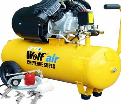 Wolf Cheyenne V-Twin 50 Litre, 3HP, 14CFM, 230v, MWP 150psi, 10BAR Air Compressor   5 Piece Air Tool Kit which Includes: 5m Air Hose Line, Gravity Feed Spray Gun, Tyre Inflator, Long Nozzle Sprayer /