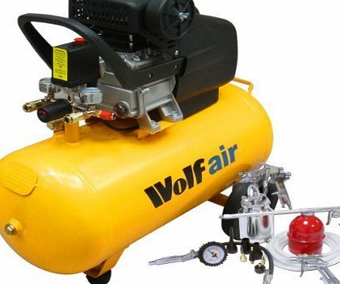 Wolf Sioux 50, 2.5HP, 9.6CFM, 230V, MWP: 116psi, 50 Litre Air Compressor   13 Piece Spray Air Tool Kit Including Pro Syphon Feed Spray Gun, Tyre Inflator, Long Nozzle Sprayer, Blow Gun, 8 Piece Inflat