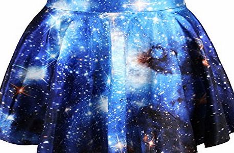 Womdee Women High Waist Digital Print Pleated Bubble Skirt,Blue Galaxy With Womdee Accessory
