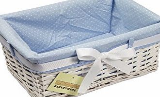 WoodLuv Small Rectangular Willow Wicker Gift Hamper Storage Basket with Blue Dot Lining and Ribbon, White