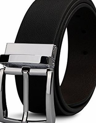 XIANGUO Mens Real Leather Belt Black and Brown Reversible Belt with Silver Pin Buckle