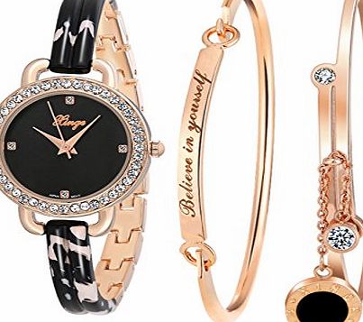 Xinge Womens Rose Gold Round Case Quartz Bracelet Band Watch Set for gift Xinge D3866L
