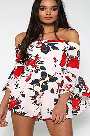Xjoel  Sexy Women Off Shoulder Printed Vintage Wrap-chest Shoulder Off Flared Sleeve Printed Dress L