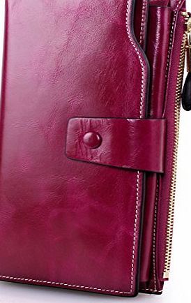 Yafeige Womens Large Capacity Luxury Wax Genuine Leather Wallet Ladies Purse With Zipper Pocket (Purple)
