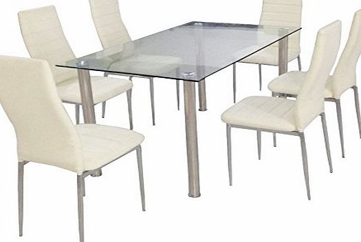 YAKOE Glass Dining Room Table Set with 6 Chairs, Faux Leather, Cream