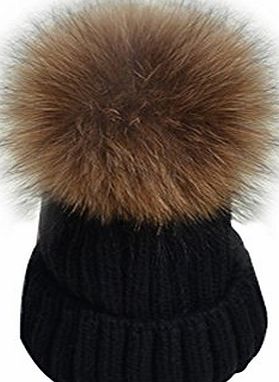 YANIBEST Womens Girls Winter Fur Hat Real Large Raccoon Fur Pom Pom Beanie Winter Hats