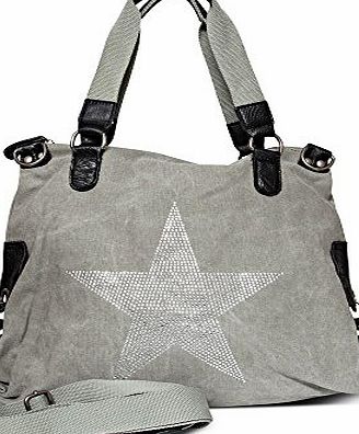 Your Best Choice Ladies Star handbag NEW-2016 Jeans Beuteltasche Strass Application Canvas antique look ladies shoulder bag with stars, Colour:grey