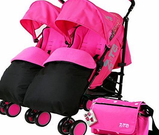 ZETA  Citi TWIN Stroller Buggy Pushchair - Raspberry Pink Double Stroller Complete With FootMuffs And Bag