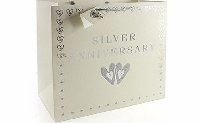 ZiZi Large Silver 25th Wedding Anniversary Gift Bag - Hearts 33cm x 33cm x 16.5cm